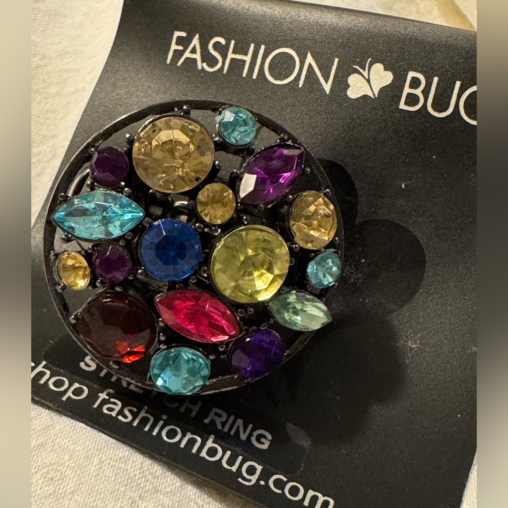 Stretch Ring Multicolored Rhinestones Pewter Colored Band Fashion Jewelry Nip
